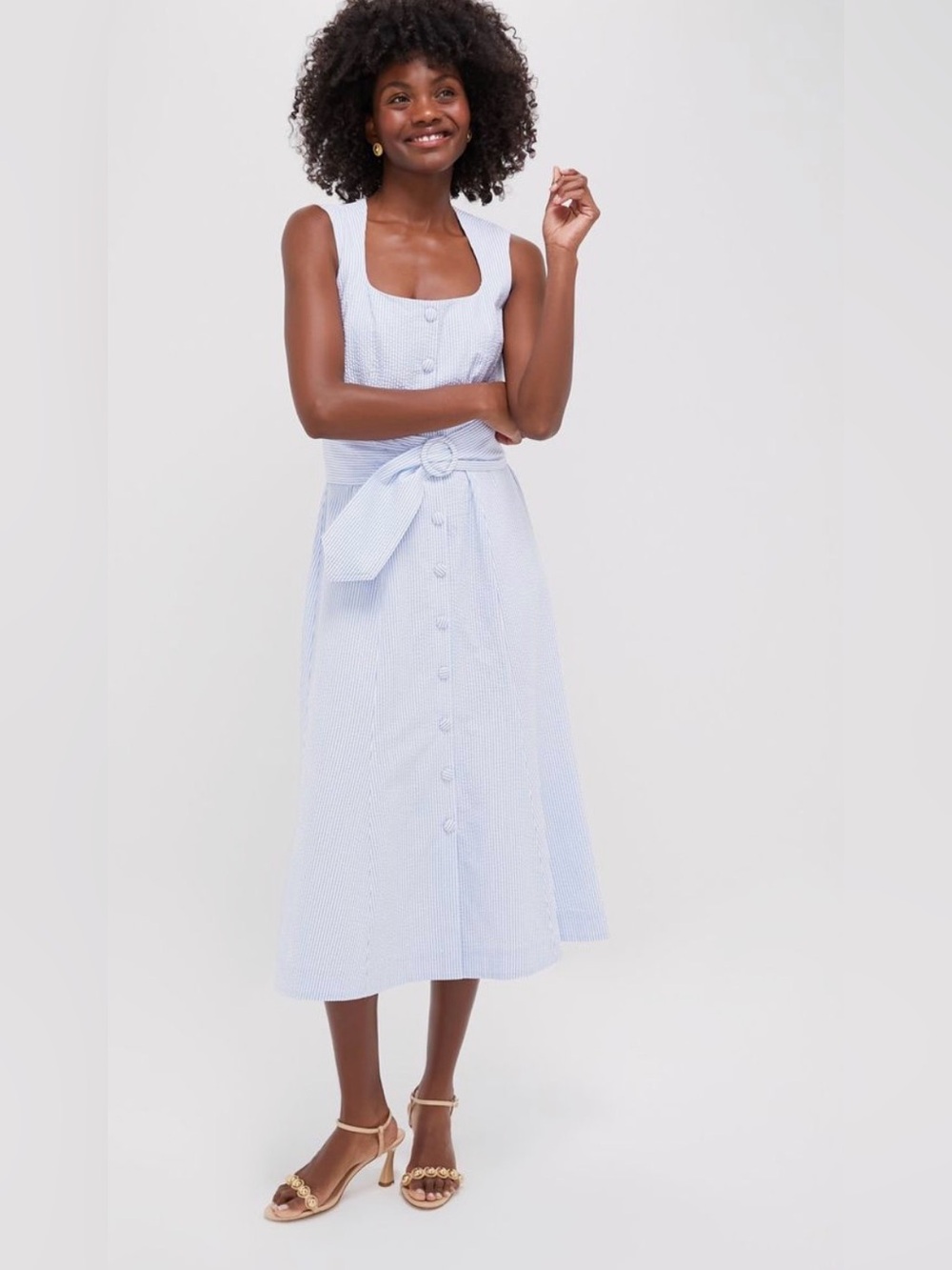 Pomander Place Pale Blue Sleeveless Button-Front Midi Dress with Tie Waist